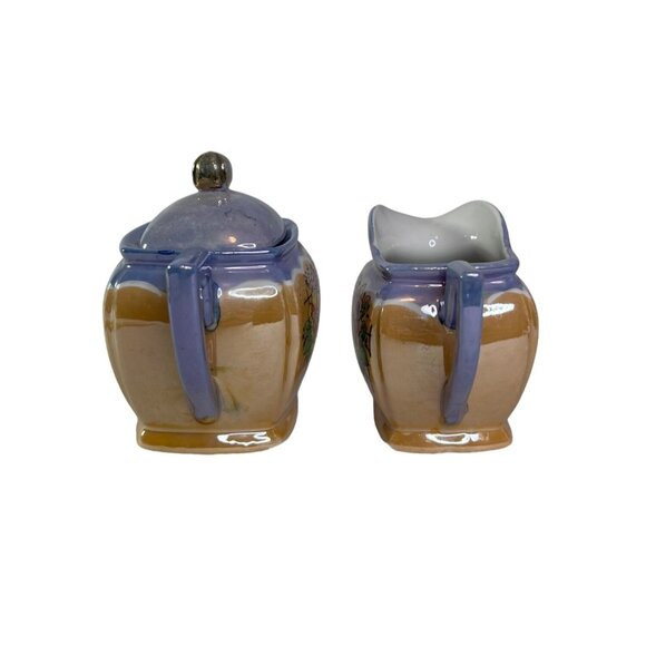 Vintage Peach Lusterware Japan Floral Ceramic Creamer 2 handled lidded Sugar Set - Picture 3 of 16